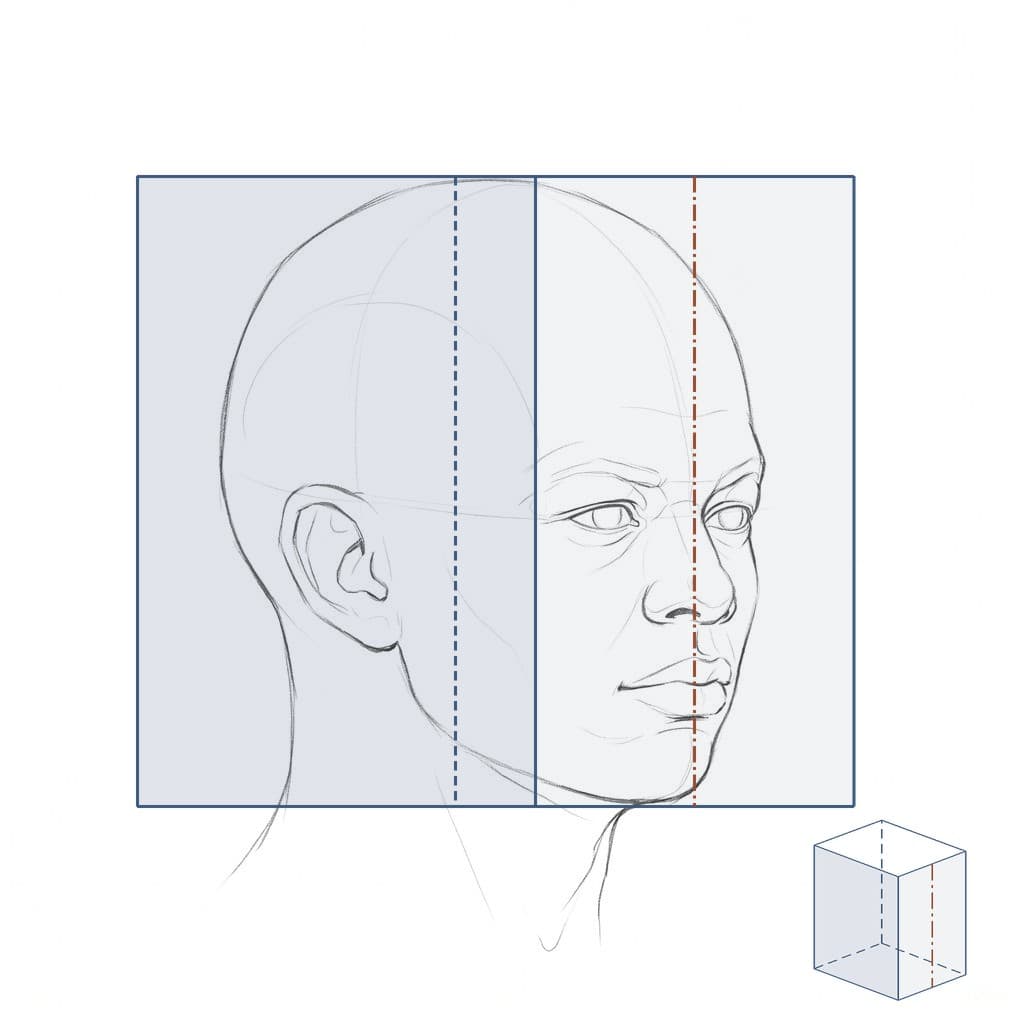 Pencil drawing of the same head turned three-quarters inside a box outline whose shaded side face is wider than its lighter front face, the skull well inside the outer corners, with a small box drawn from above in the corner