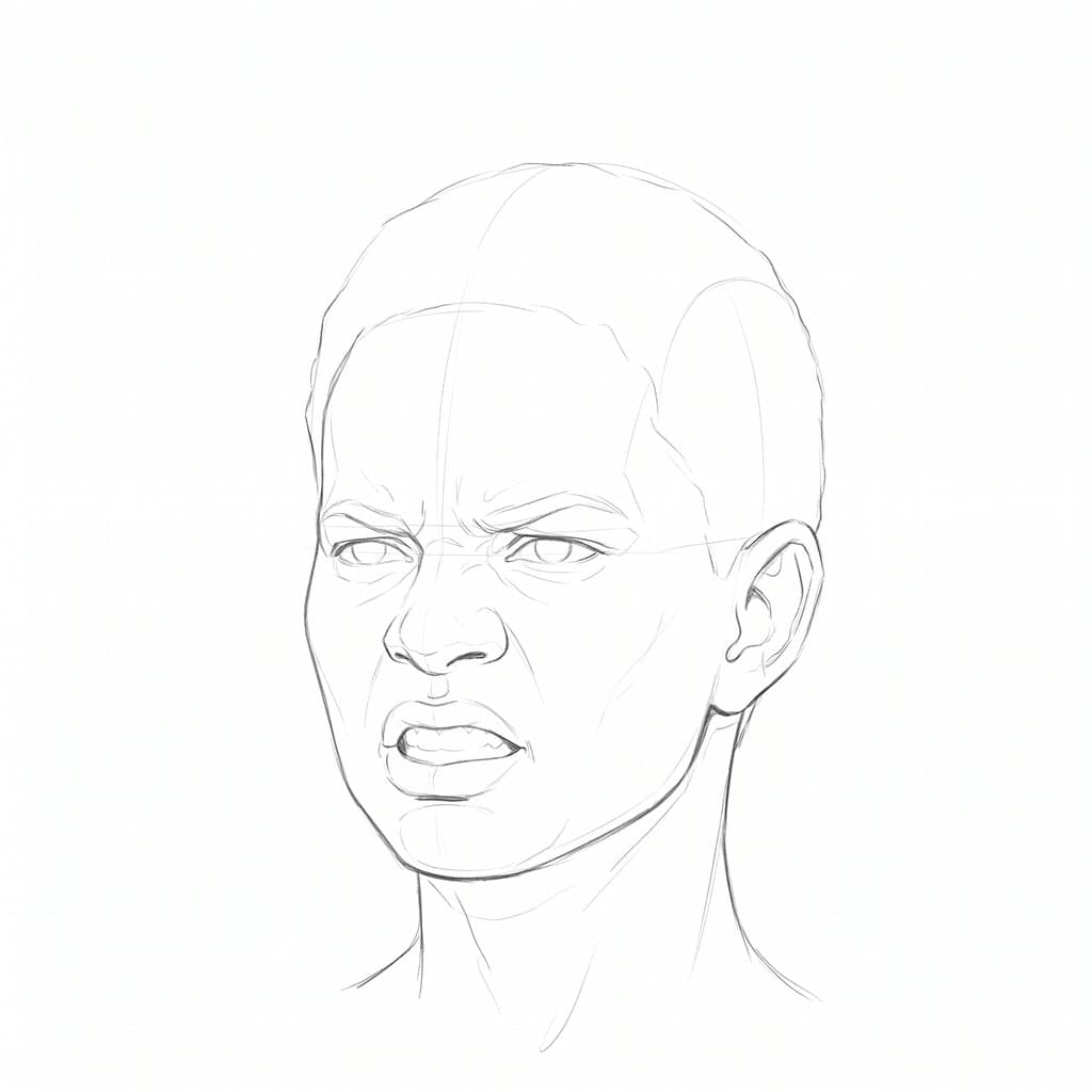 Pencil drawing of the same head in anger at a slight three-quarter turn