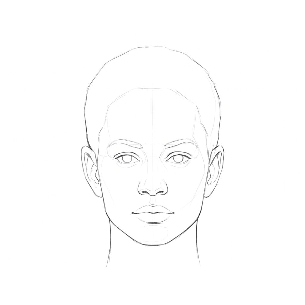 Pencil drawing of a head from the front with a relaxed face, light construction lines across the brow, eyes and nose