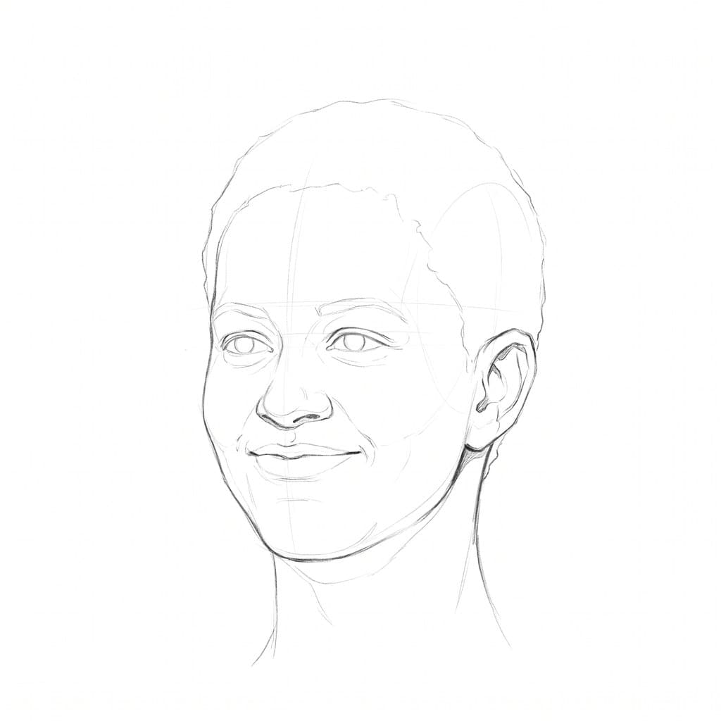 Pencil drawing of the same head smiling, turned a little to the side, with the near mouth corner curling up into the cheek