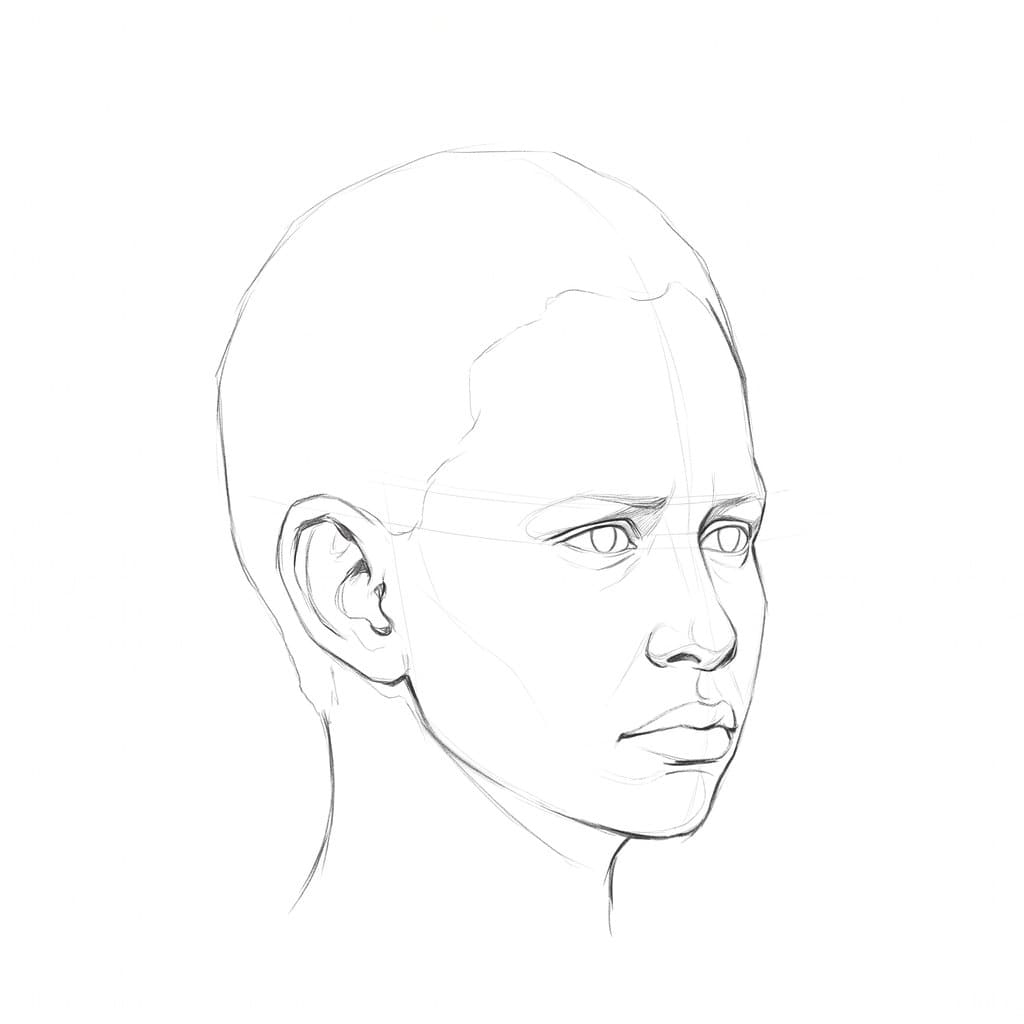 Pencil drawing of the same head at a three-quarter turn in sorrow, with the inner end of the brow raised and the corners of the mouth turned down