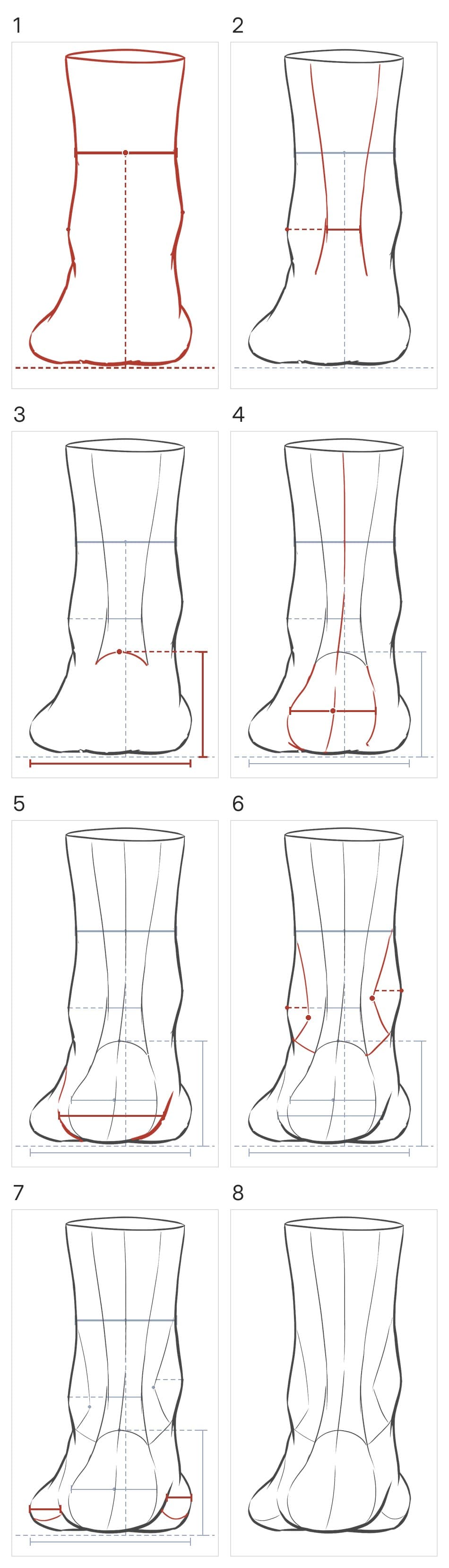 Eight panels building the foot from behind: the outline with the leg's width, the tendon, the heel's arched top and its height, its rounded back, its outline, the ankle Vs, the sole edges, then the finished drawing