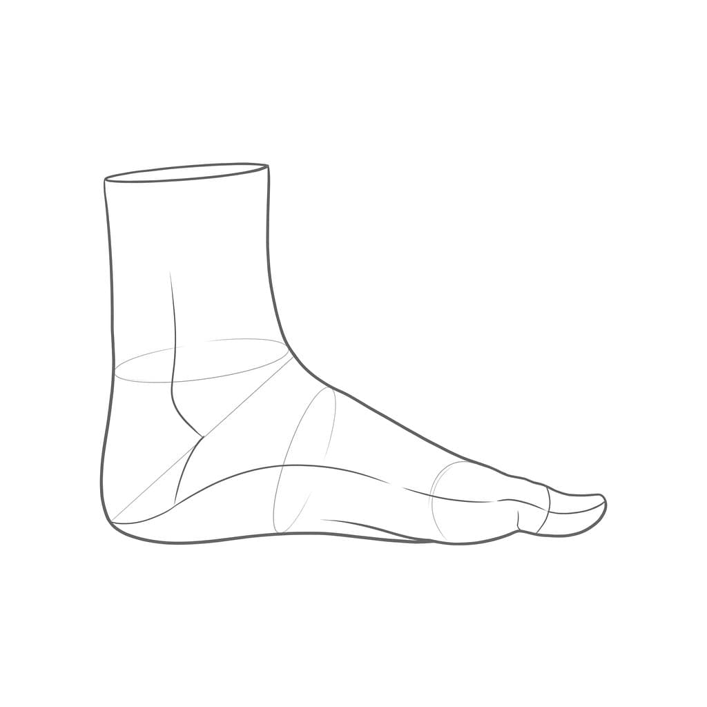 Line drawing of a standing foot from the inside, a wedge sloping from the ankle to the big toe with the heel behind