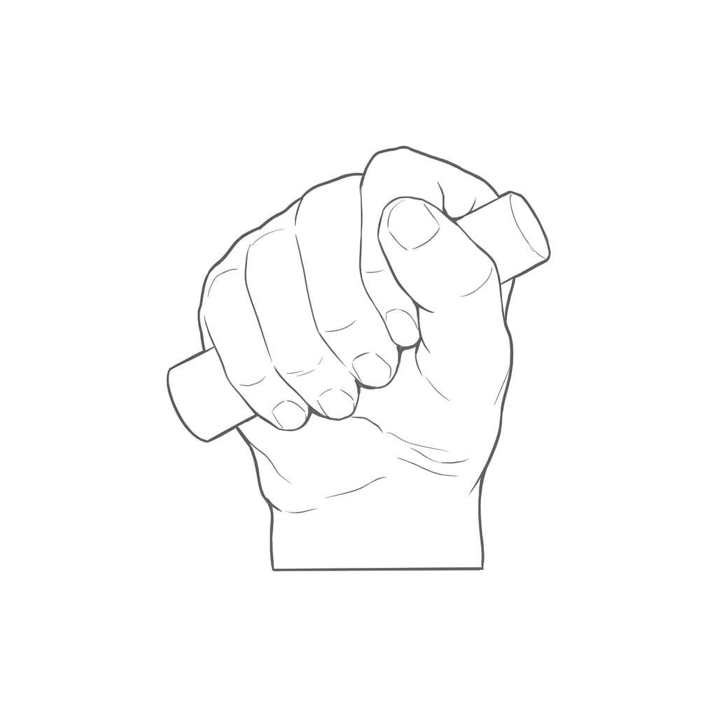 Line drawing of a hand gripping a short round handle, fingers wrapped around it and the thumb across them