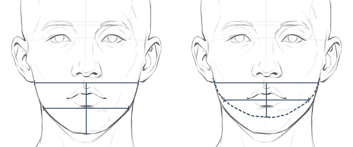 The same bald head drawn twice from the front, side by side. On the left, bars mark the width where the ear lobes end, the width halfway down and the drop to the chin. On the right, a dashed jaw line of the same shape ends much higher, near the bottom lip, under a shorter drop bar, and the face reads round.