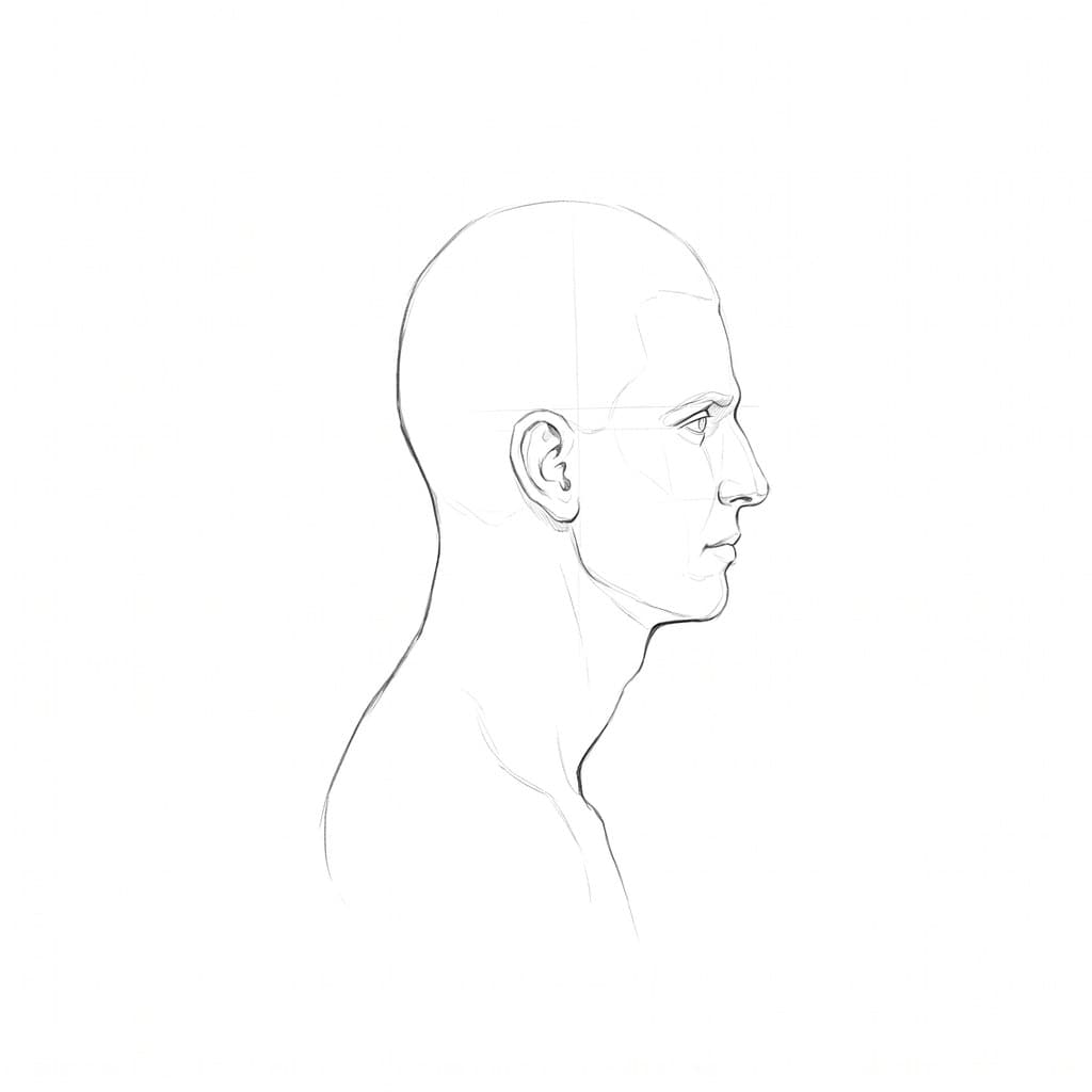 Pencil drawing of the second bust in profile, with the throat running down and back from under the jaw