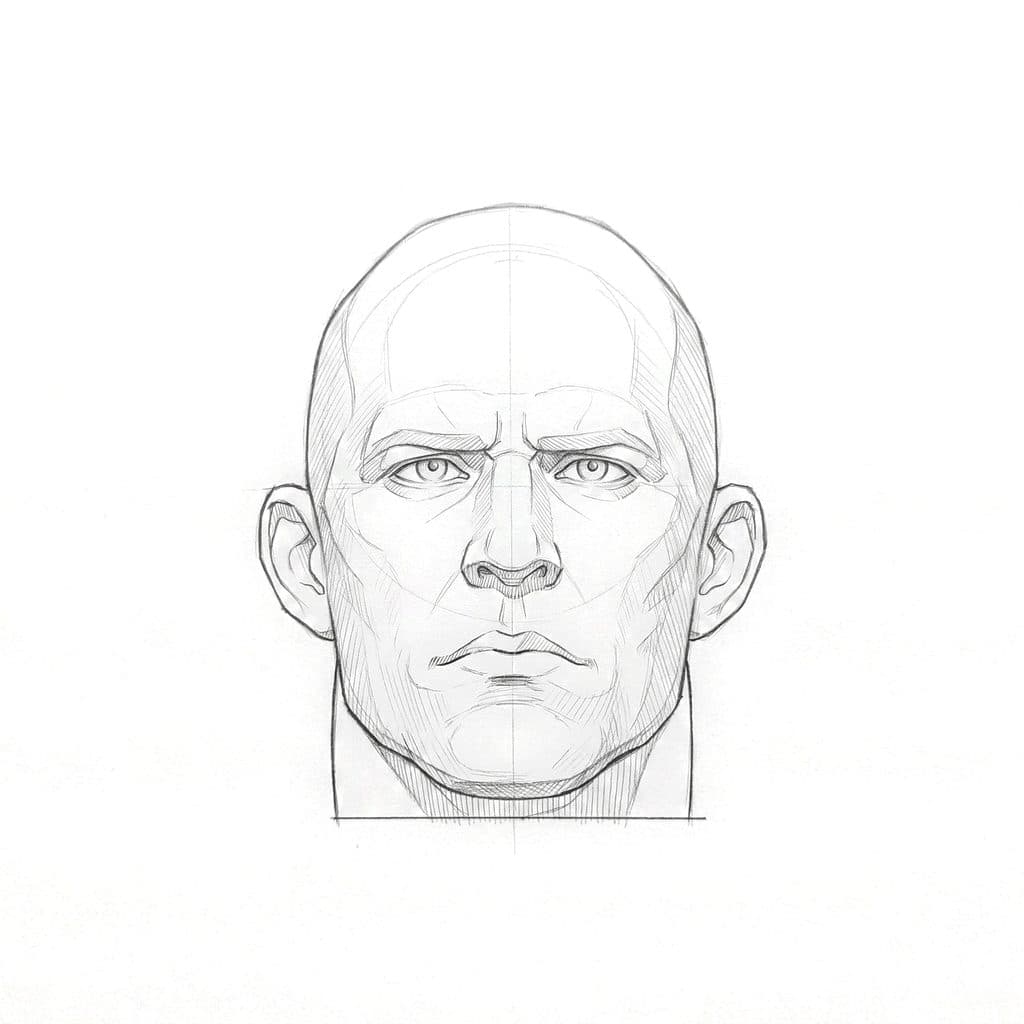 Pencil drawing of a broad-jawed head from the front