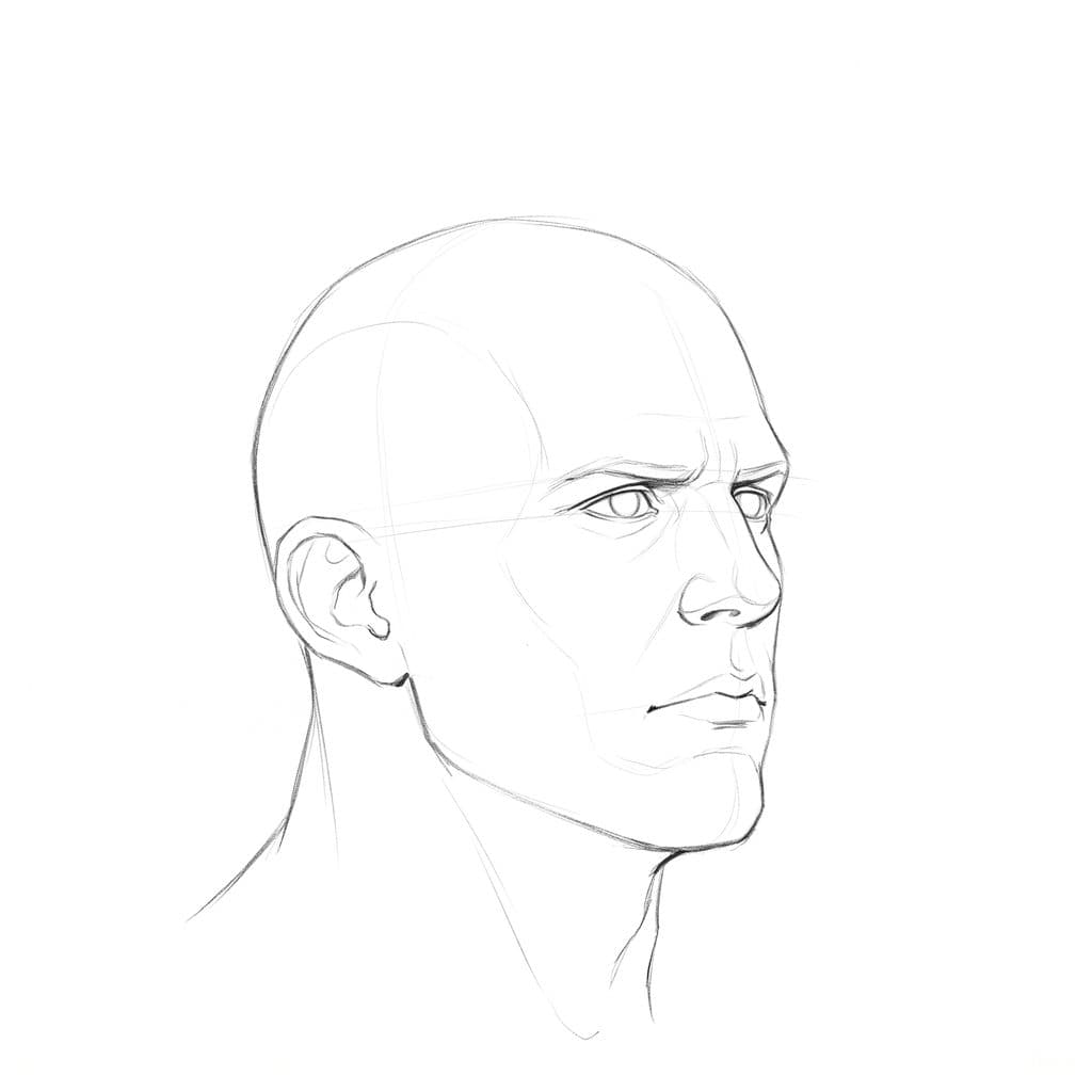 Line drawing of a bald head with a heavy jaw turned three-quarters, with a short, firm turn where the back edge of the jaw meets the jaw line below the ear