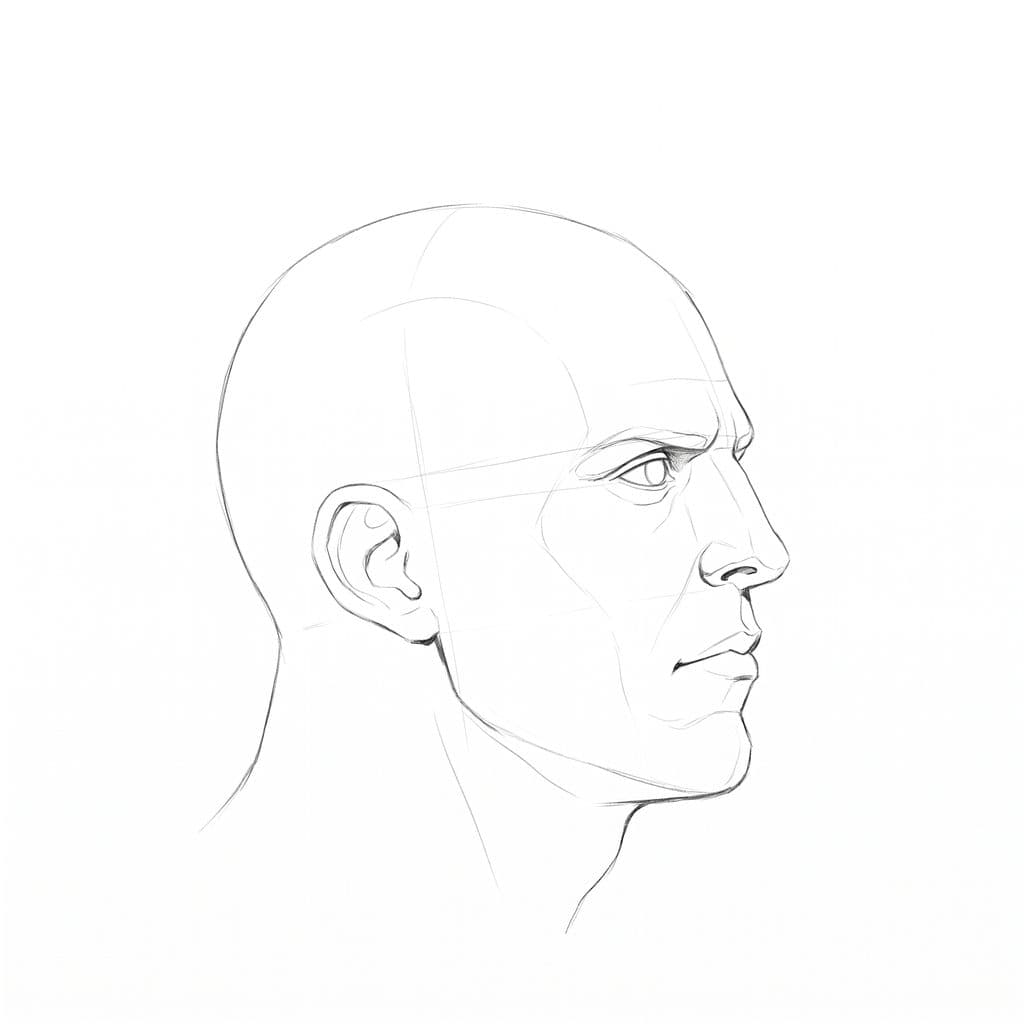 Pencil drawing of a head in near profile with the nose forming part of the outline