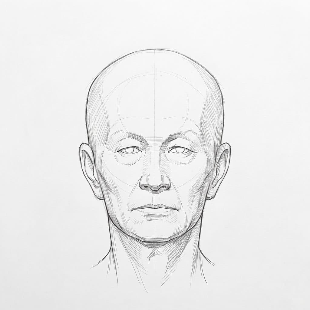 Pencil drawing of an older bald head from the front, with curved lines circling each eye and a soft pouch under each lower lid