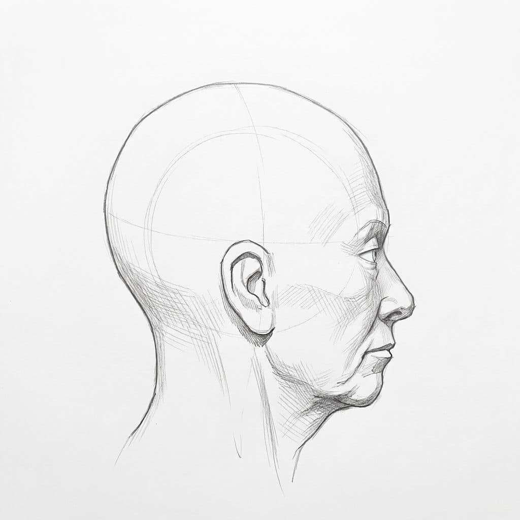 Tonal drawing of an older head in profile with folds at the jaw and neck