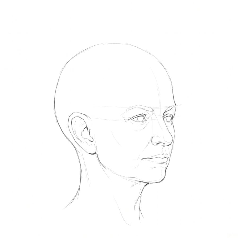 Pencil drawing of a bald head turned to three-quarter view, with a wide open ear set well inside the back of the head