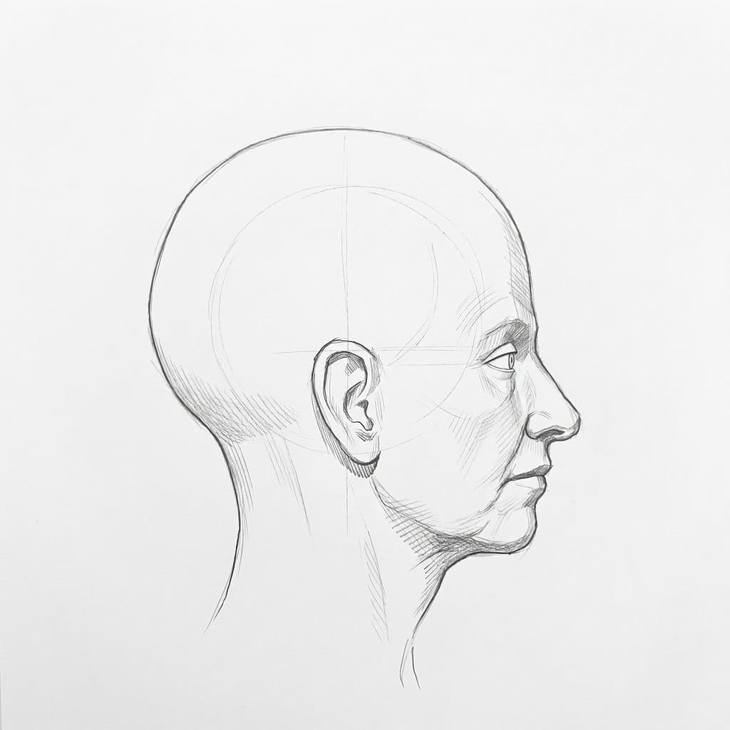 Pencil drawing of a younger head with soft planes in profile