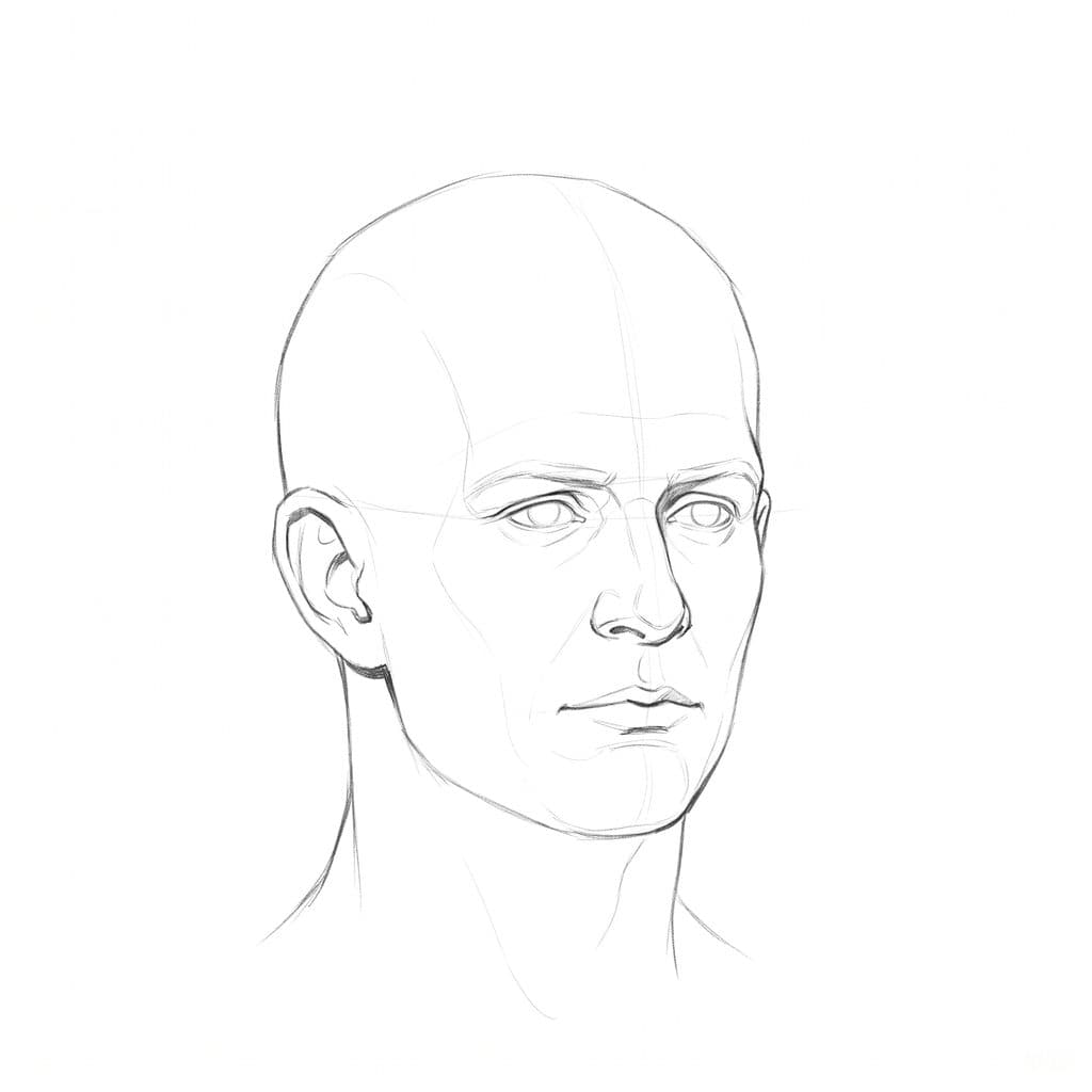 Pencil drawing of a bald head turned slightly away, with a wide strip of cheek between the far side of the nose and the outline of the face