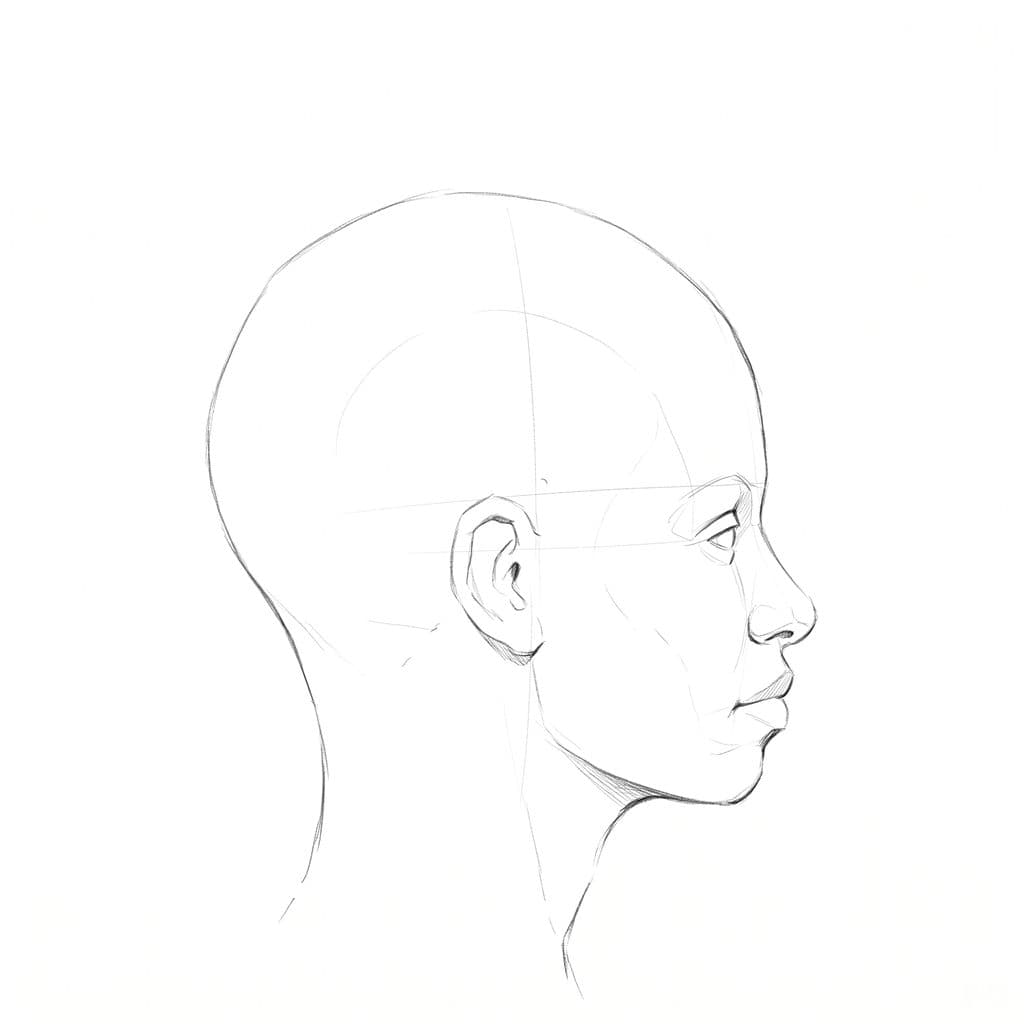 Pencil drawing of a bald head in profile with full lips, the lower lip standing slightly forward of a line from the nose tip to the chin