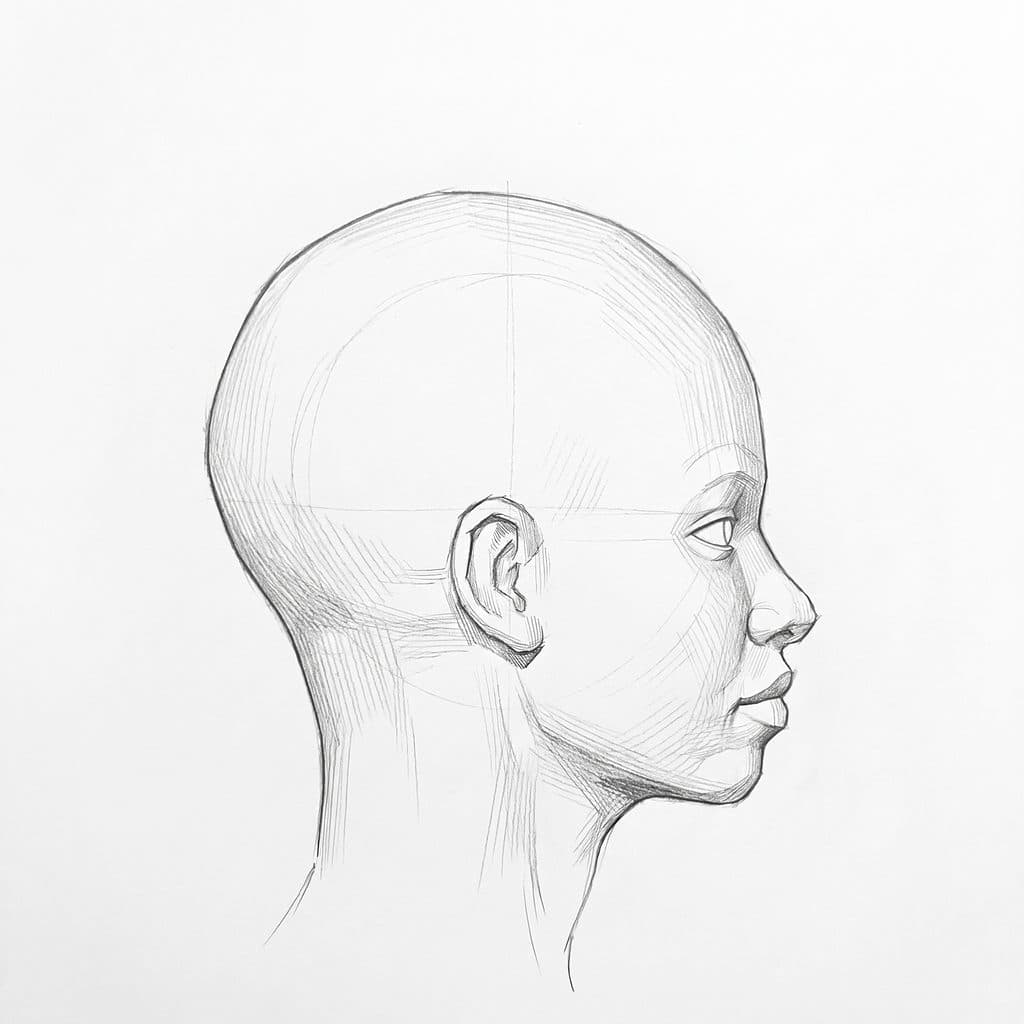 Pencil drawing of a head with full lips in profile
