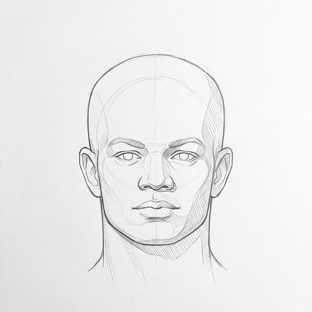 Tonal drawing of a head from the front with the face widest at the cheekbones