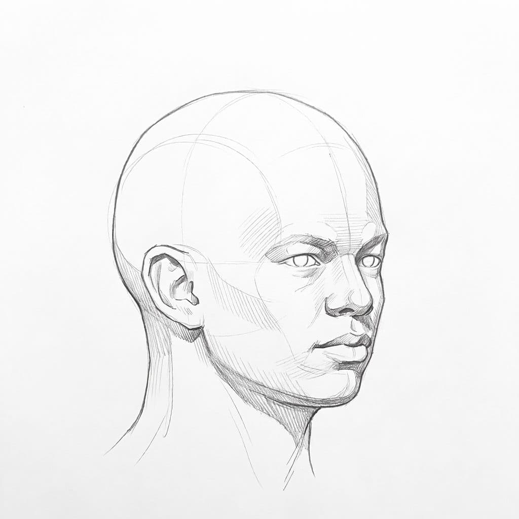 Pencil drawing of a head with high cheekbones at a three-quarter turn, with a soft jaw corner