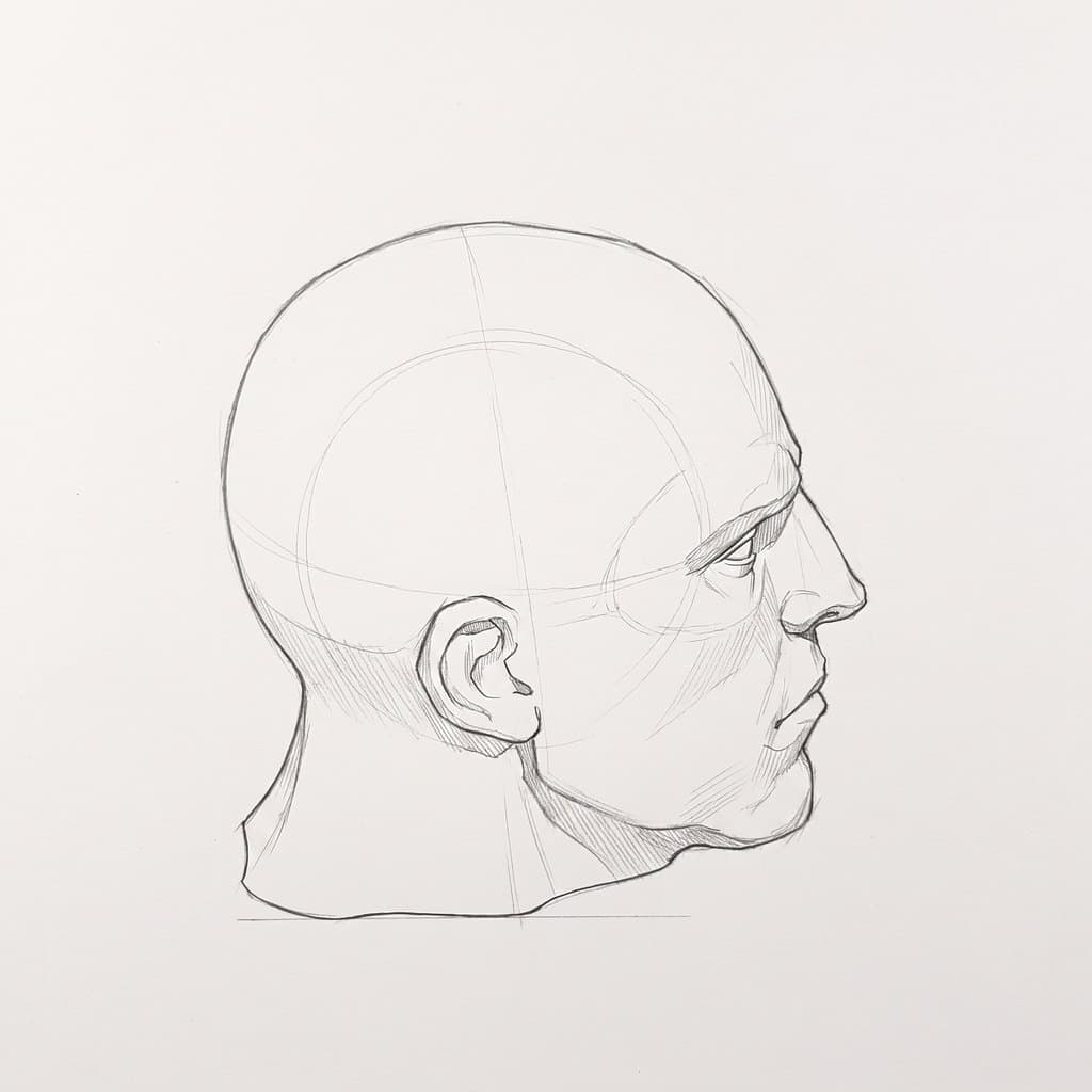 Pencil drawing of a heavy-jawed head in profile, seen from above, with the top of the skull showing