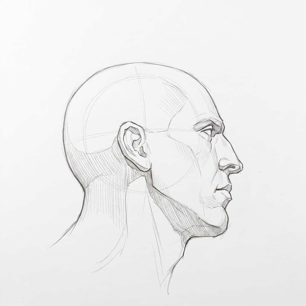 Pencil drawing of a heavy-jawed head in profile, seen from below, with the underside of the jaw shaded
