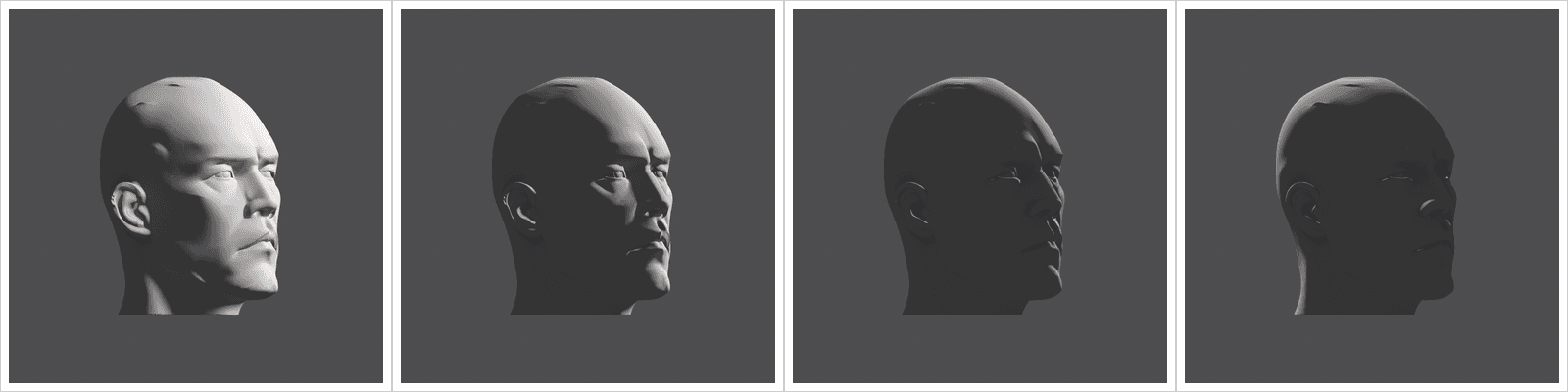 Head lighting reference, volume 1, hard plane head under four lights at 45 degrees