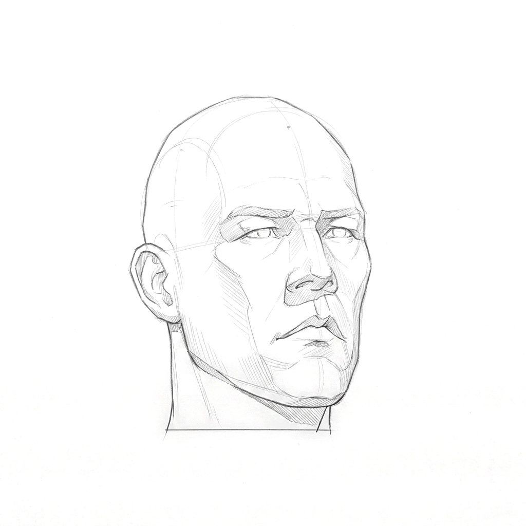 Head rotation reference, Hard plane, 22.5 degrees slight three-quarter view, tonal drawing