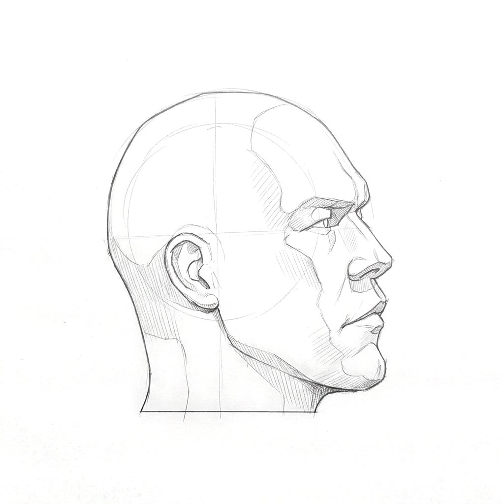 Head rotation reference, Hard plane, 67.5 degrees near-profile view, tonal drawing