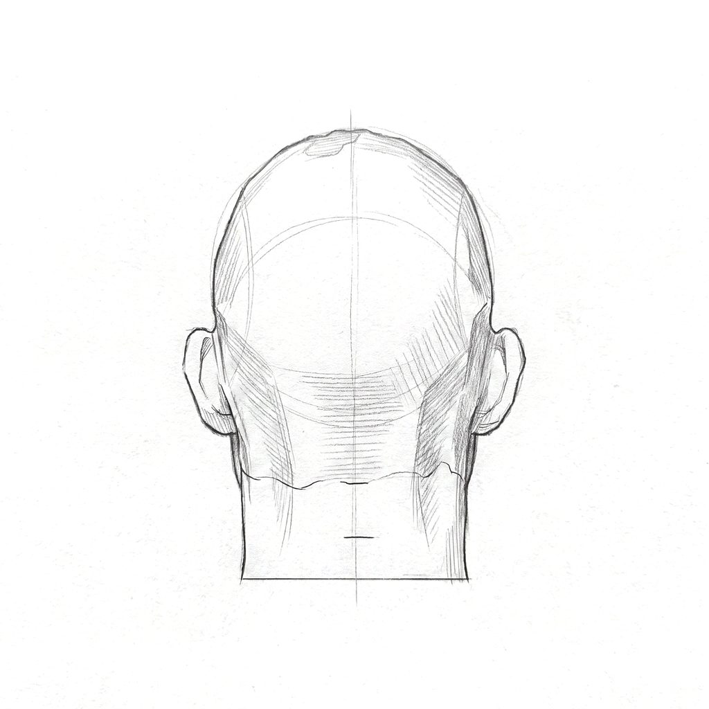 Head rotation reference, Hard plane, 180 degrees back view, tonal drawing