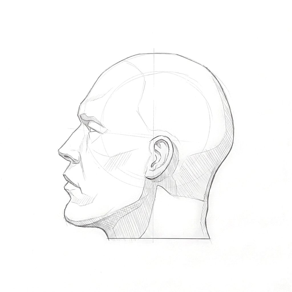 Head rotation reference, Hard plane, 270 degrees profile, tonal drawing