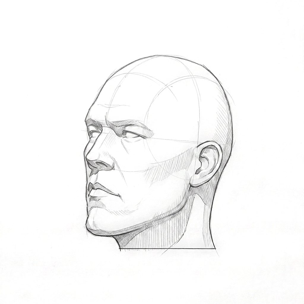 Head rotation reference, Hard plane, 315 degrees three-quarter view, tonal drawing