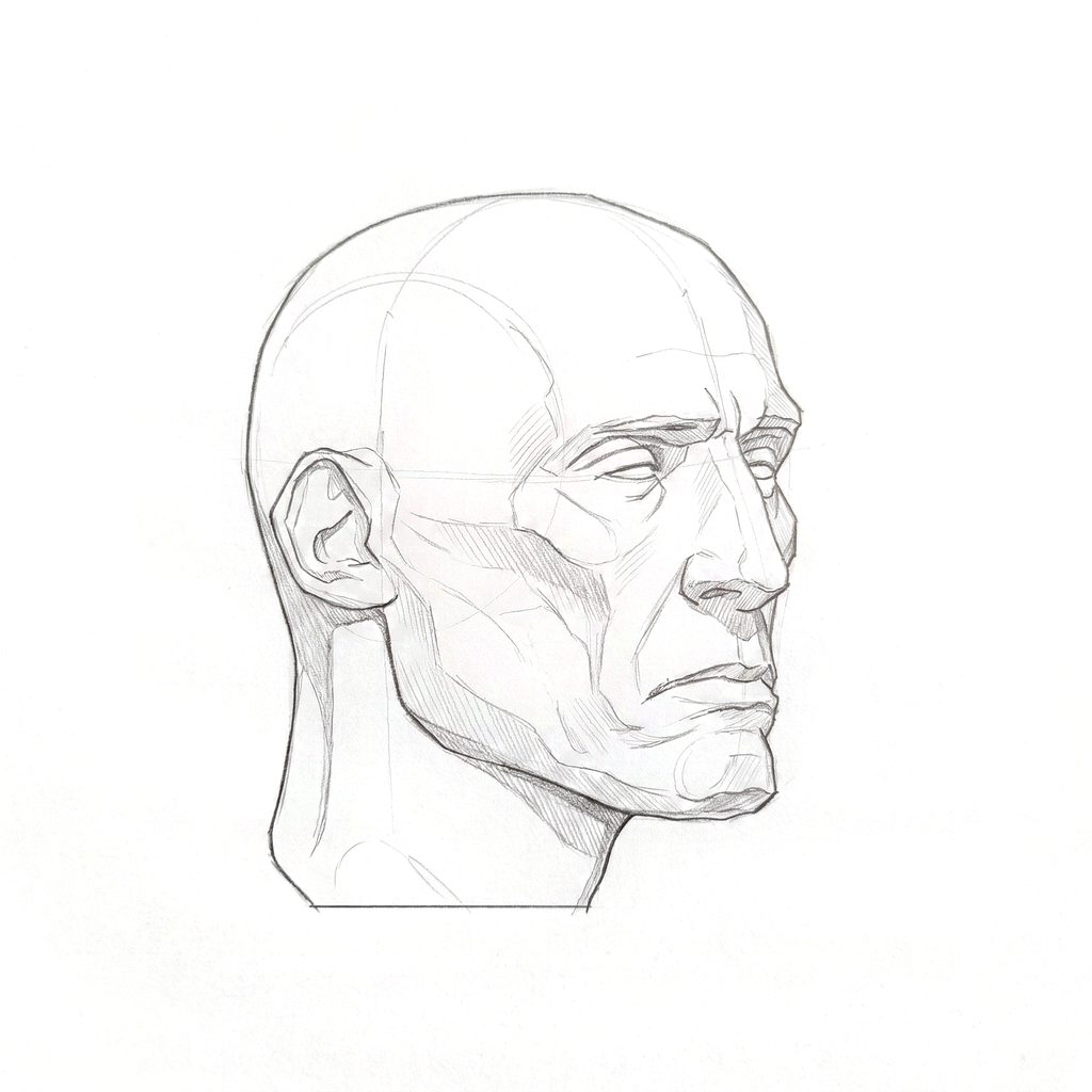 Head rotation reference, Gaunt planes, 45 degrees three-quarter view, tonal drawing