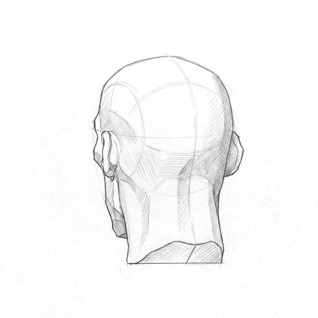 Head rotation reference, Gaunt planes, 202.5 degrees near-back view, tonal drawing
