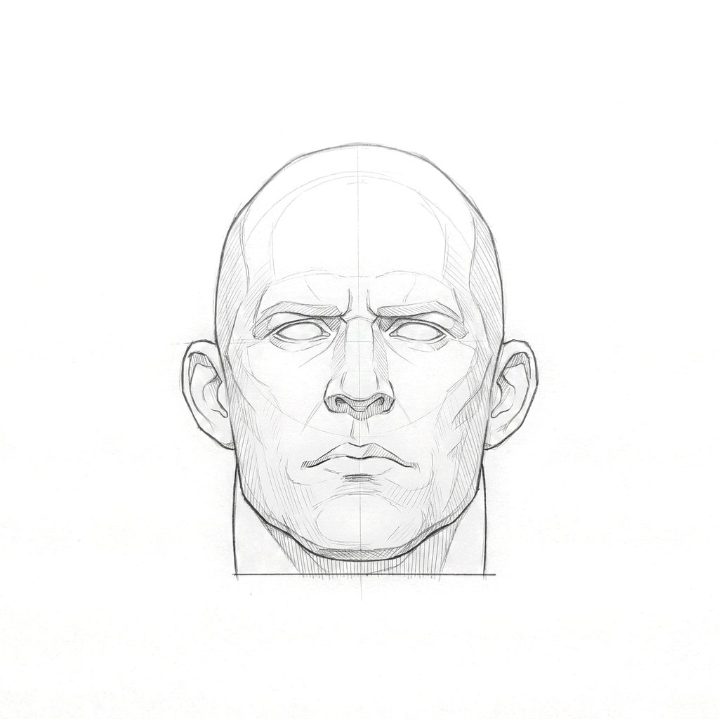 Head rotation reference, Heavy jaw, 0 degrees front view, tonal drawing