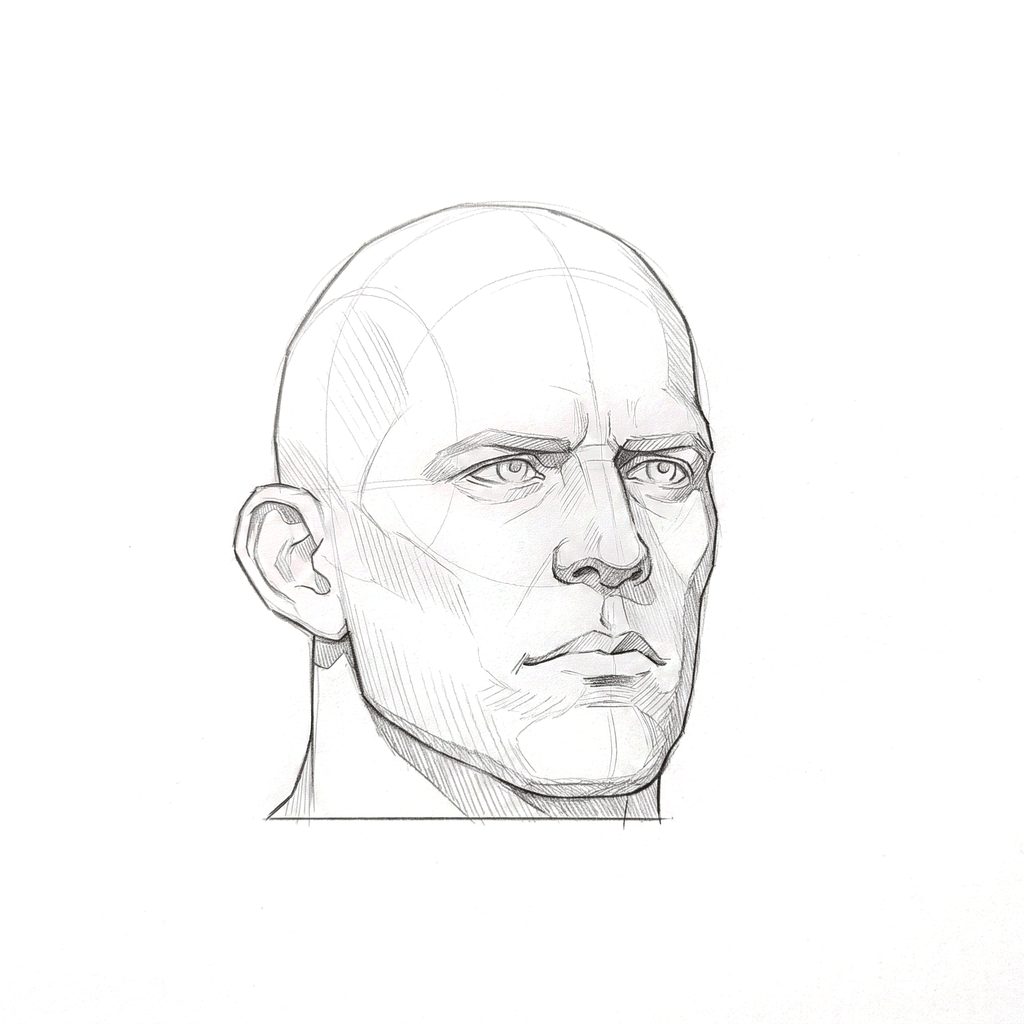 Head rotation reference, Heavy jaw, 22.5 degrees slight three-quarter view, tonal drawing
