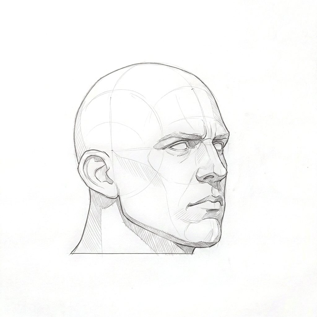 Head rotation reference, Heavy jaw, 45 degrees three-quarter view, tonal drawing