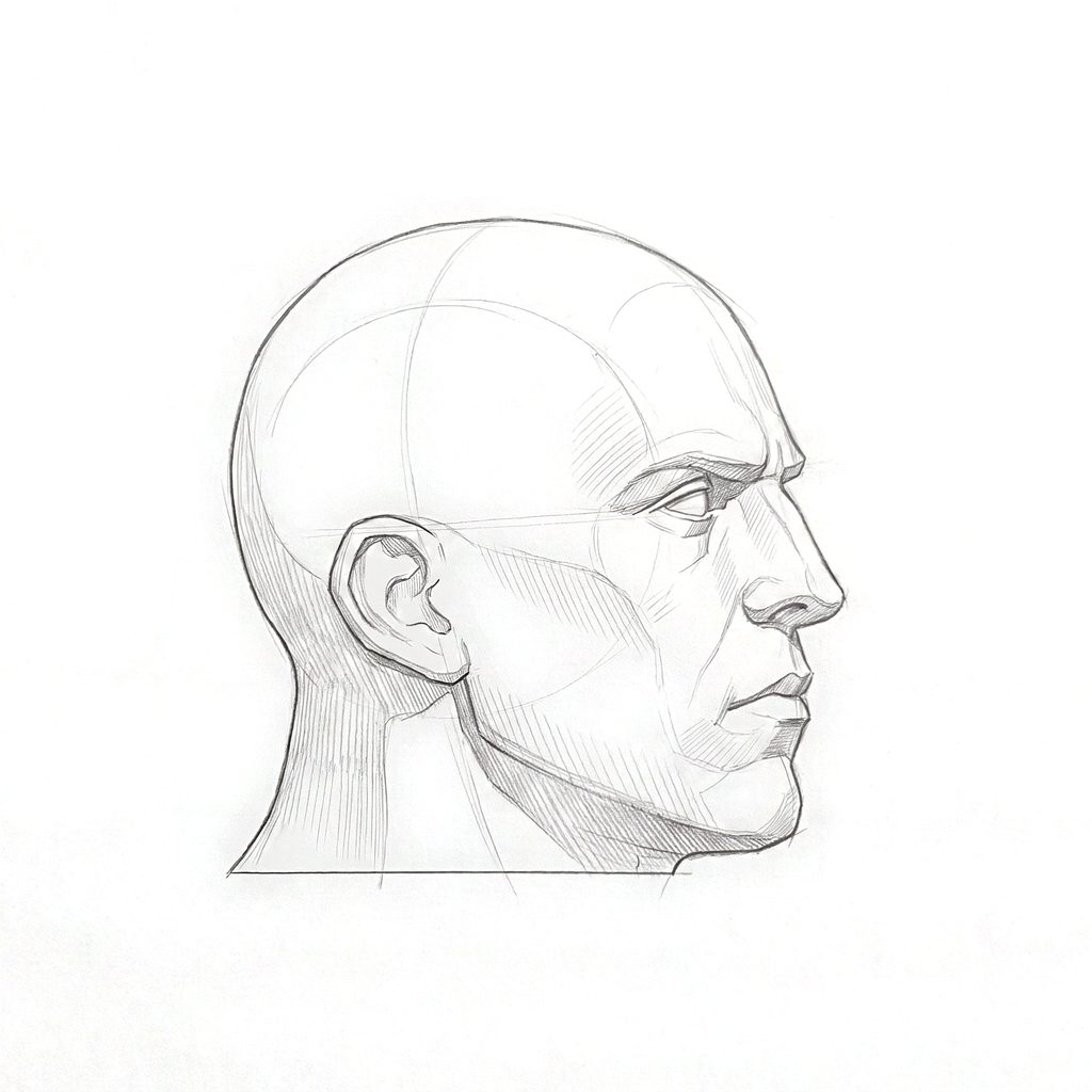 Head rotation reference, Heavy jaw, 67.5 degrees near-profile view, tonal drawing