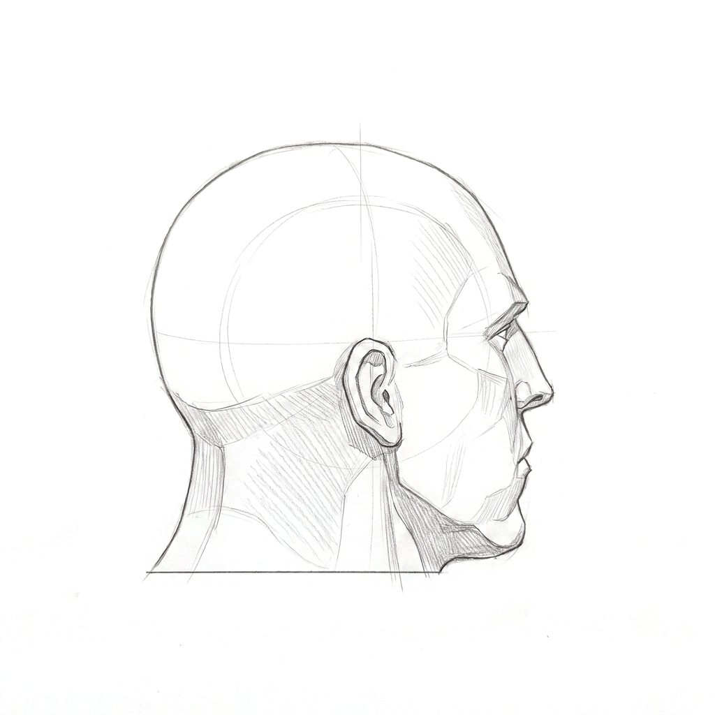 Head rotation reference, Heavy jaw, 112.5 degrees just behind profile, tonal drawing