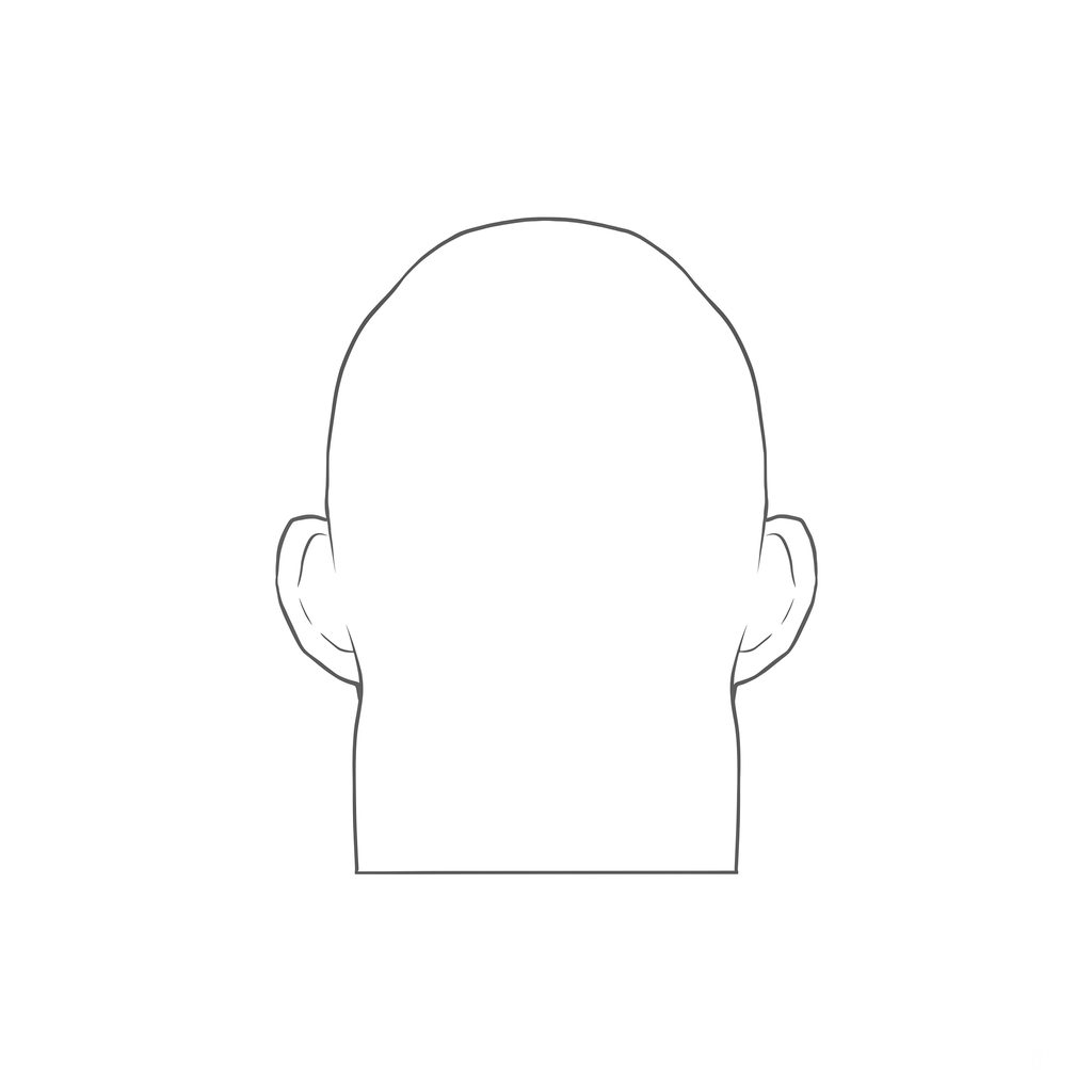 Head rotation reference, Heavy jaw, 180 degrees back view, line drawing