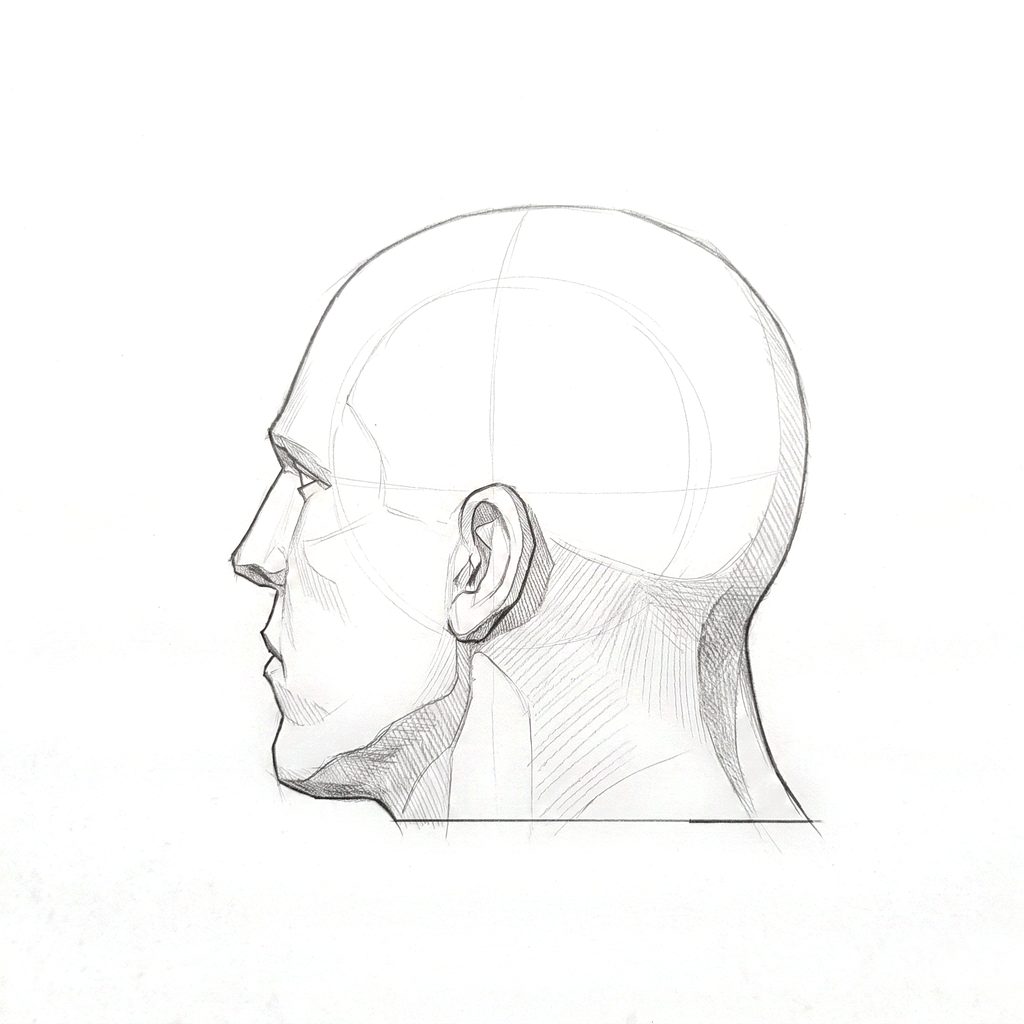 Head rotation reference, Heavy jaw, 247.5 degrees just behind profile, tonal drawing