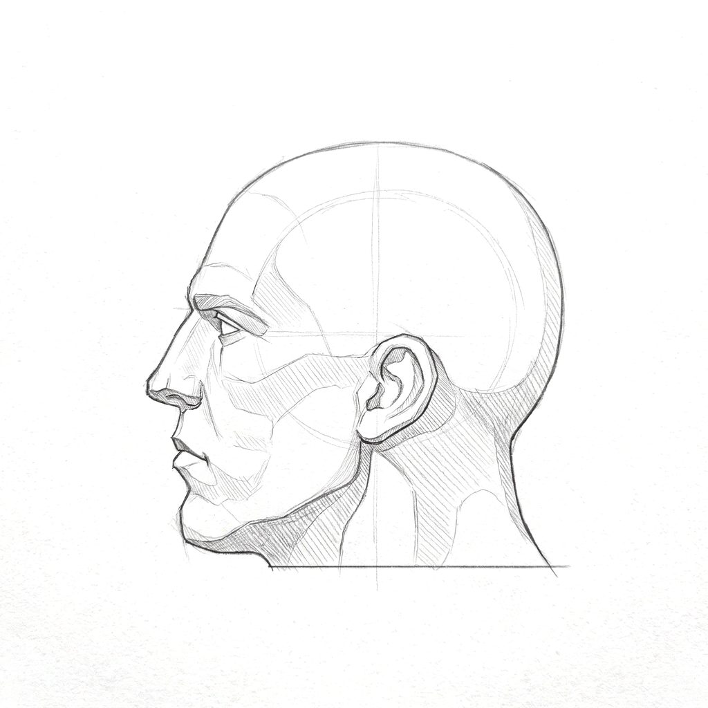 Head rotation reference, Heavy jaw, 270 degrees profile, tonal drawing