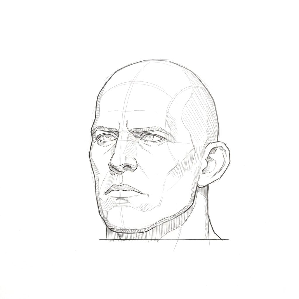 Head rotation reference, Heavy jaw, 337.5 degrees slight three-quarter view, tonal drawing