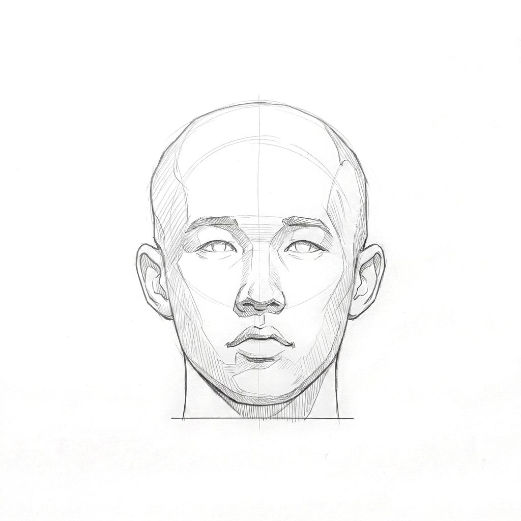 Head rotation reference, Minimal head, 0 degrees front view, tonal drawing