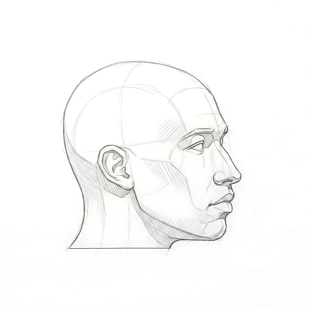 Head rotation reference, Minimal head, 67.5 degrees near-profile view, tonal drawing