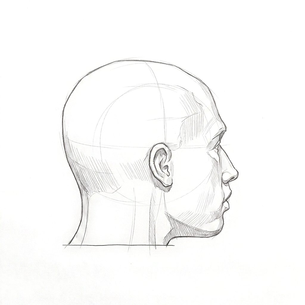 Head rotation reference, Minimal head, 112.5 degrees just behind profile, tonal drawing
