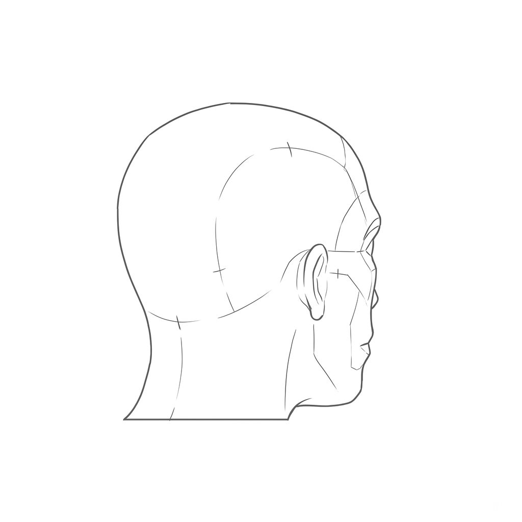 Head rotation reference, Minimal head, 135 degrees rear three-quarter, line drawing