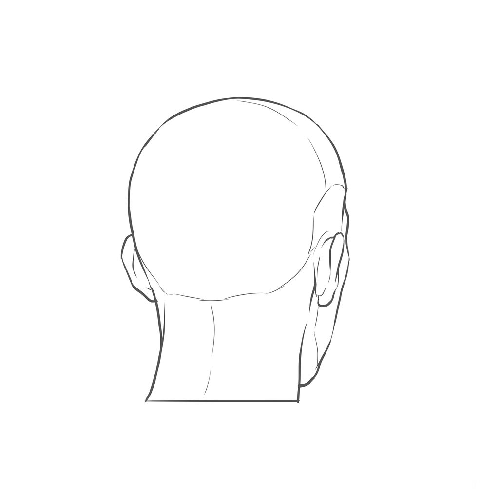 Head rotation reference, Minimal head, 157.5 degrees near-back view, line drawing