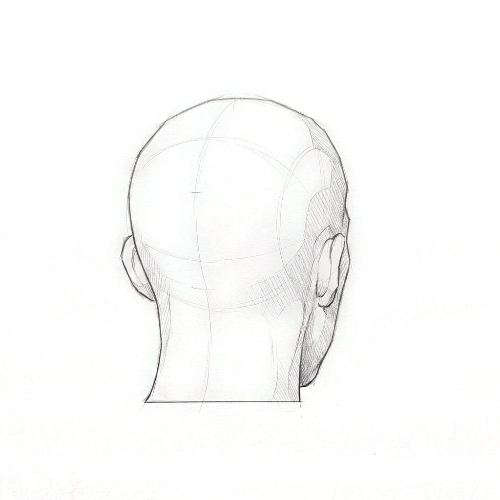Head rotation reference, Minimal head, 157.5 degrees near-back view, tonal drawing