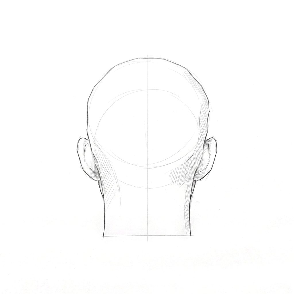 Head rotation reference, Minimal head, 180 degrees back view, tonal drawing