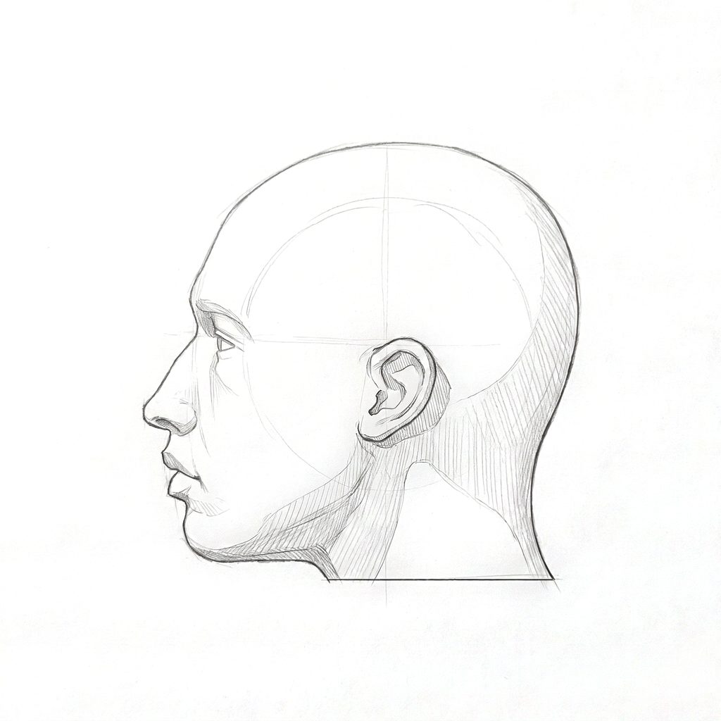 Head rotation reference, Minimal head, 270 degrees profile, tonal drawing