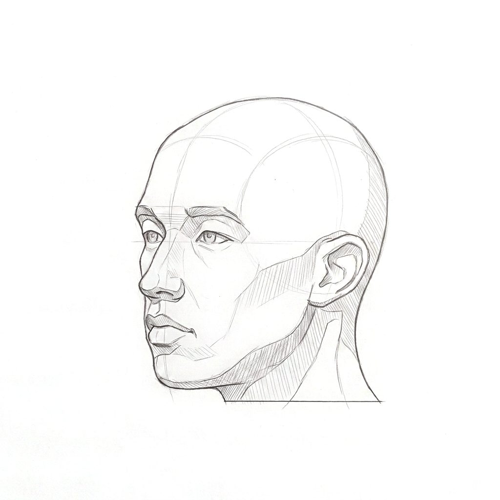 Head rotation reference, Minimal head, 315 degrees three-quarter view, tonal drawing
